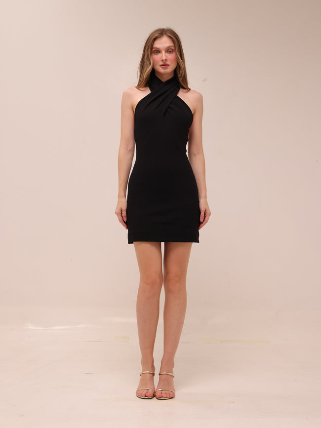 Christina Cross Over Mini Dress in Black