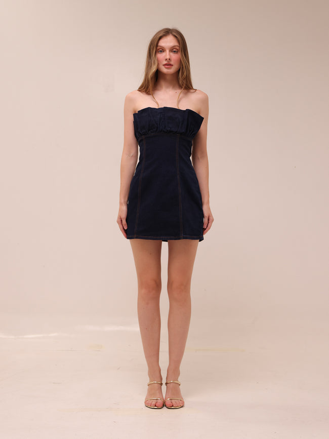 Raesha Frill Denim Mini Dress - Indigo Blue