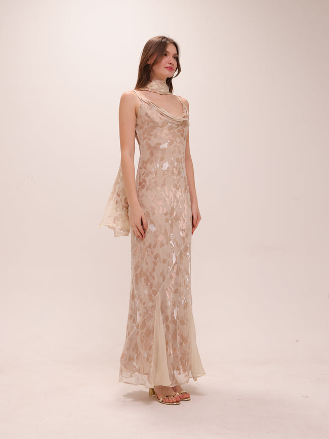 Cowl Silk Bias Cut Maxi Dress in Cream and Ivory with Scarf