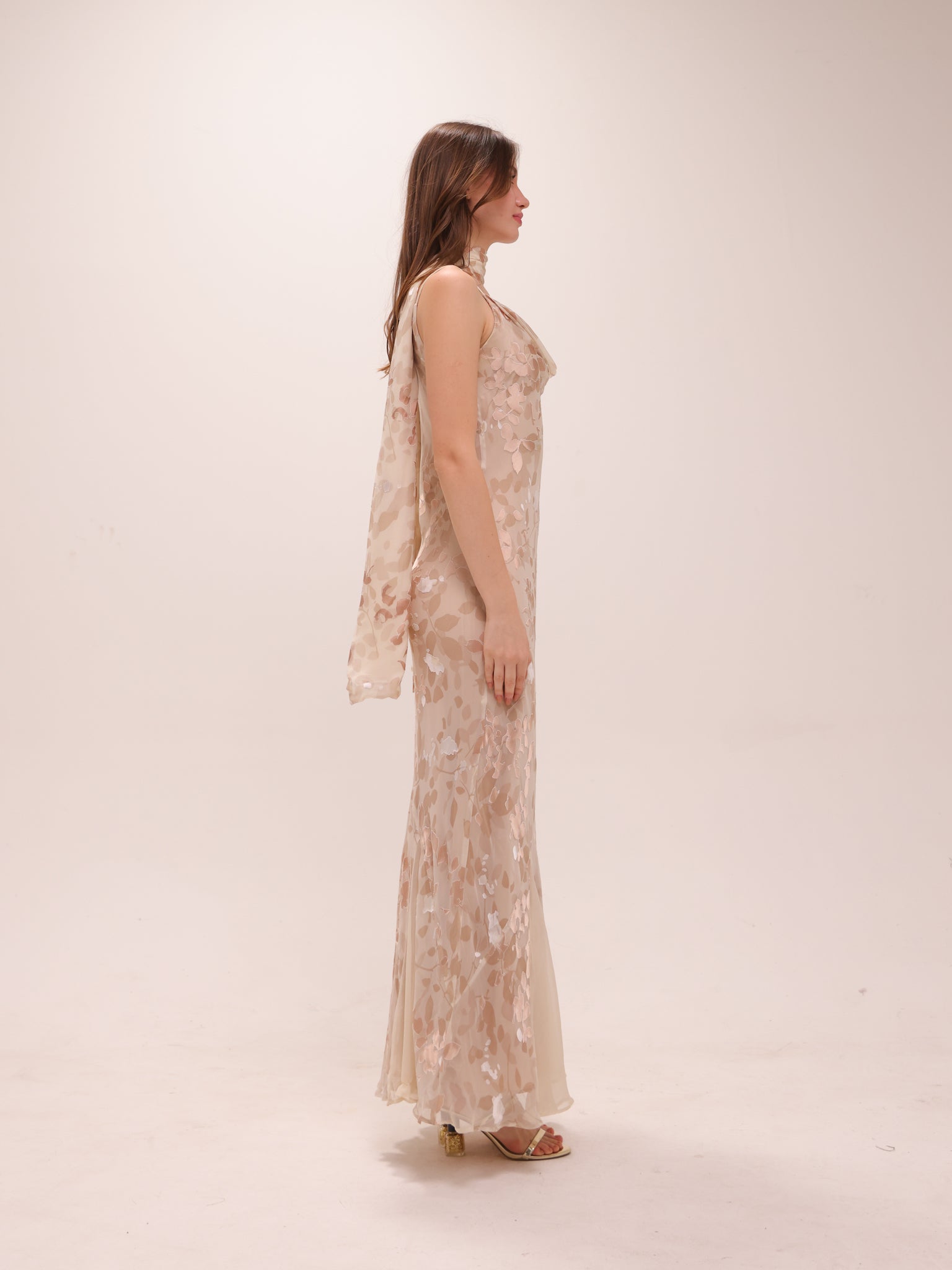Cowl Silk Bias Cut Maxi Dress in Cream and Ivory with Scarf