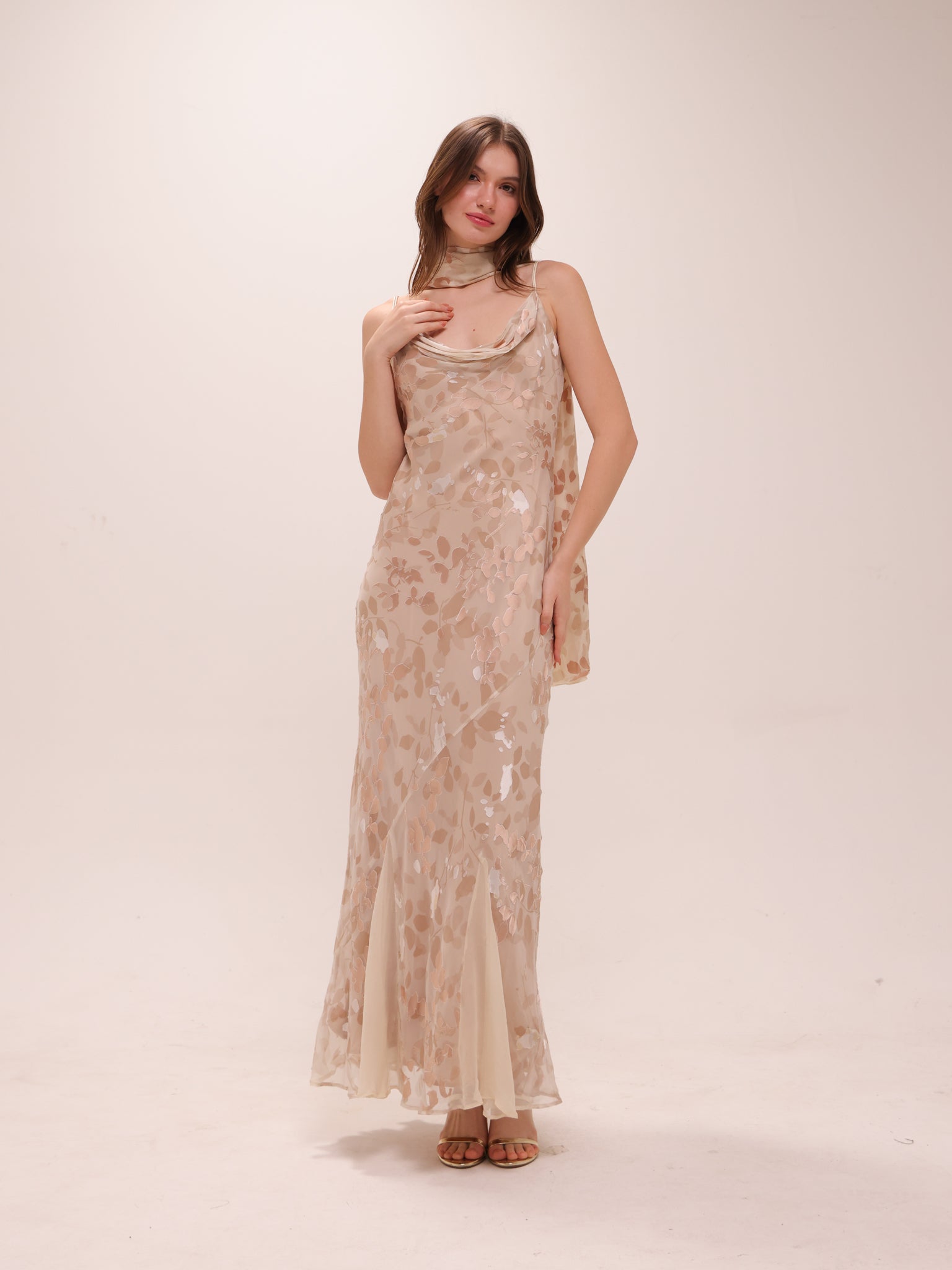 Cowl Silk Bias Cut Maxi Dress in Cream and Ivory with Scarf