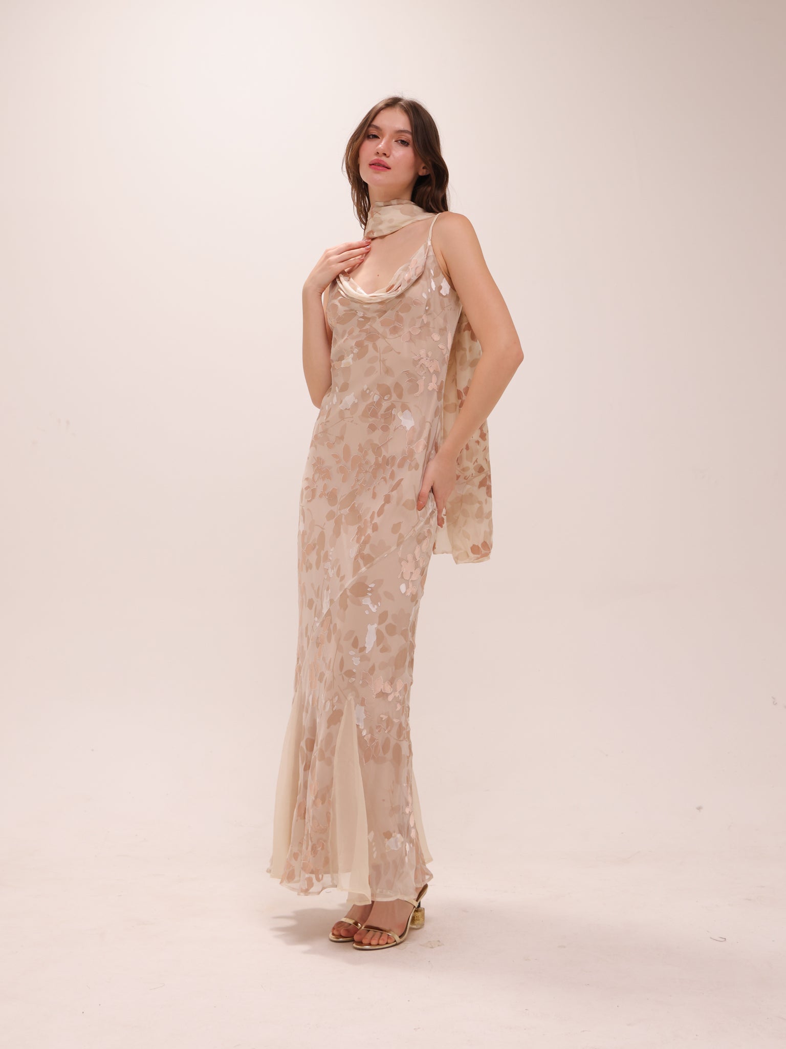 Cowl Silk Bias Cut Maxi Dress in Cream and Ivory with Scarf