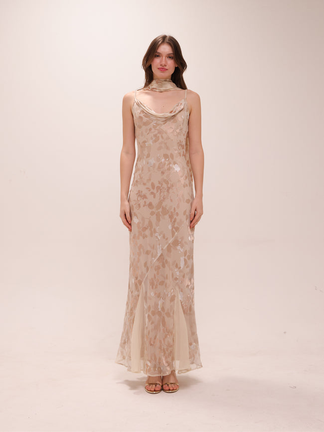 Cowl Silk Bias Cut Maxi Dress in Cream and Ivory with Scarf