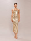 Cassia Strapless Sequin Rose Midi Dress - Gold