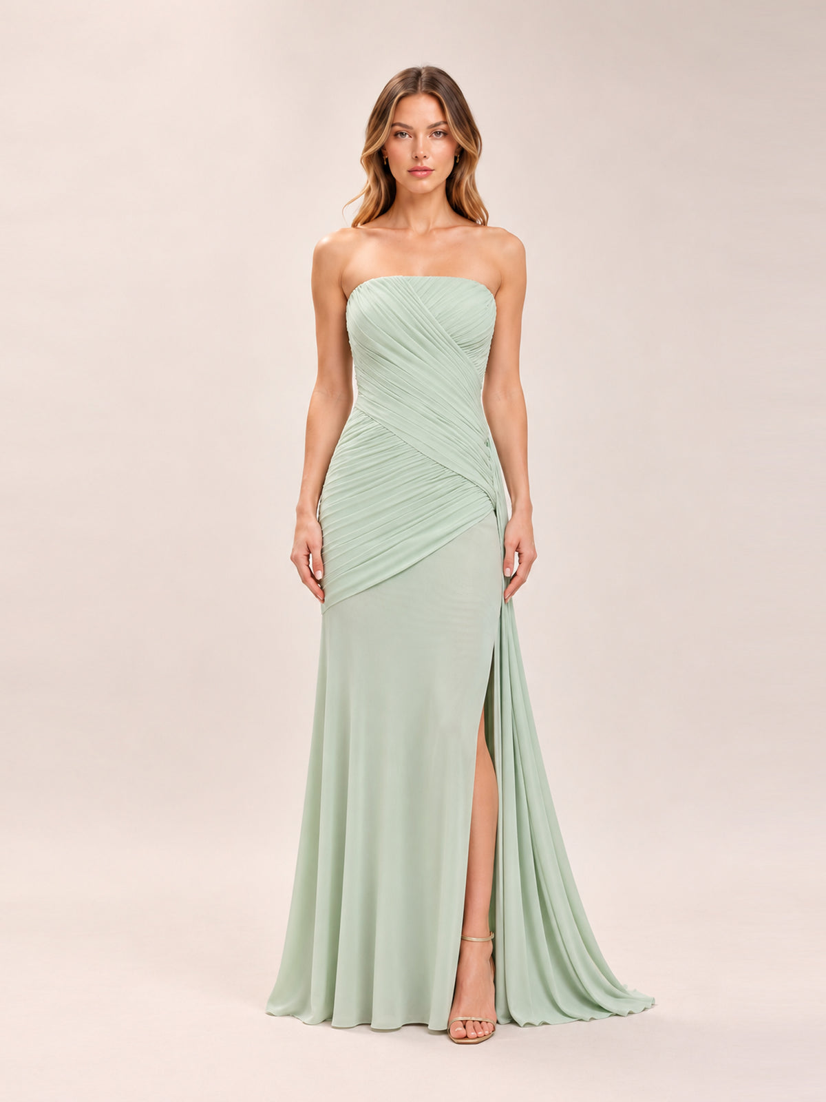 Monet Strapless Ruched Mesh Maxi Dress in Aqua Grey