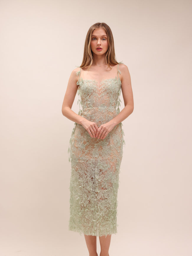 Mint Beaded Lace Pencil Dress