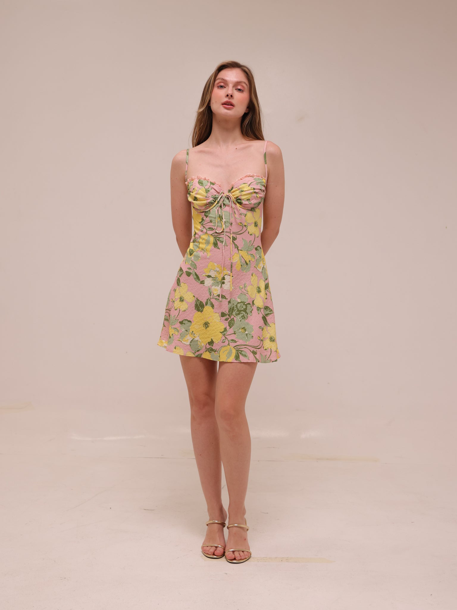 Fortune Lace Trim Bust Tie Mini Dress Floral Pink