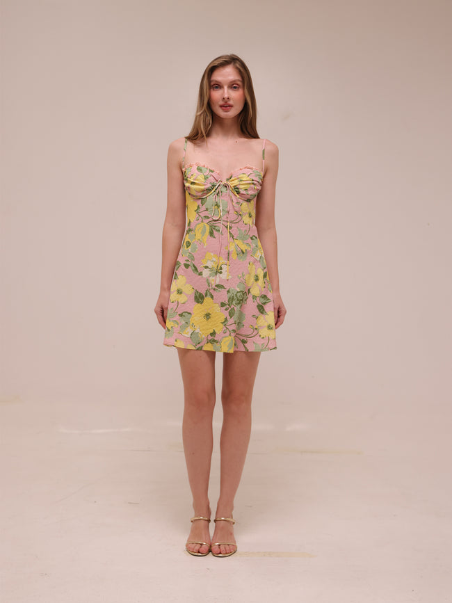 Fortune Lace Trim Bust Tie Mini Dress Floral Pink