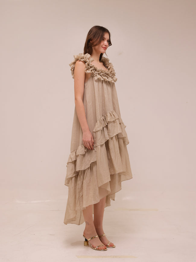 Sleeveless Tiered Ruffle Midi Dress in Natural