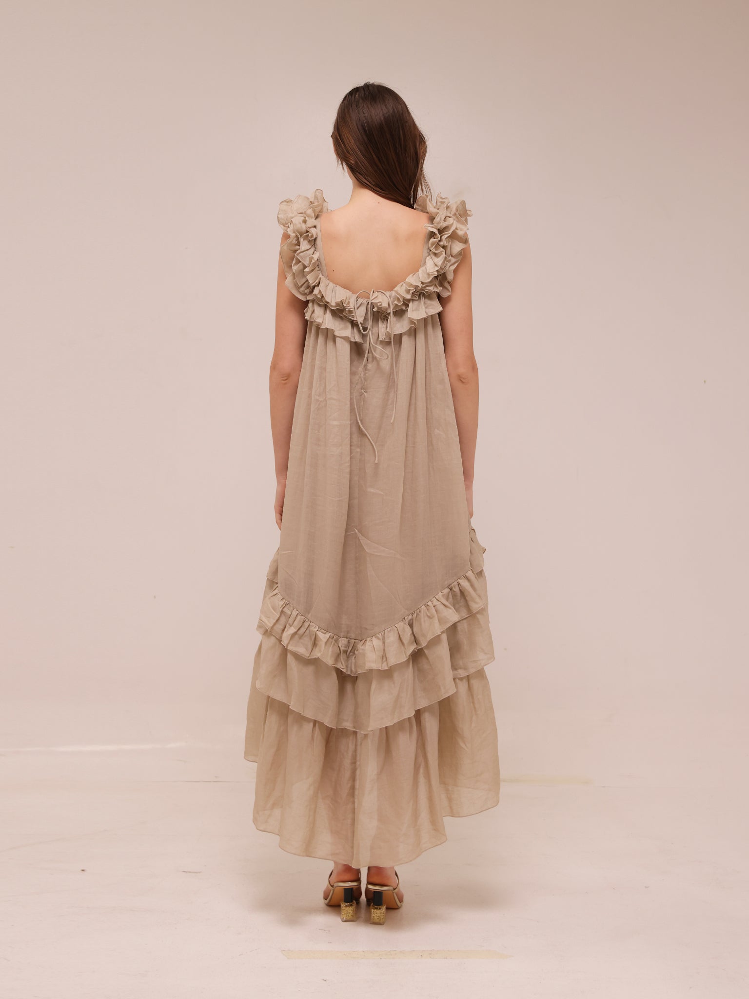 Sleeveless Tiered Ruffle Midi Dress in Natural