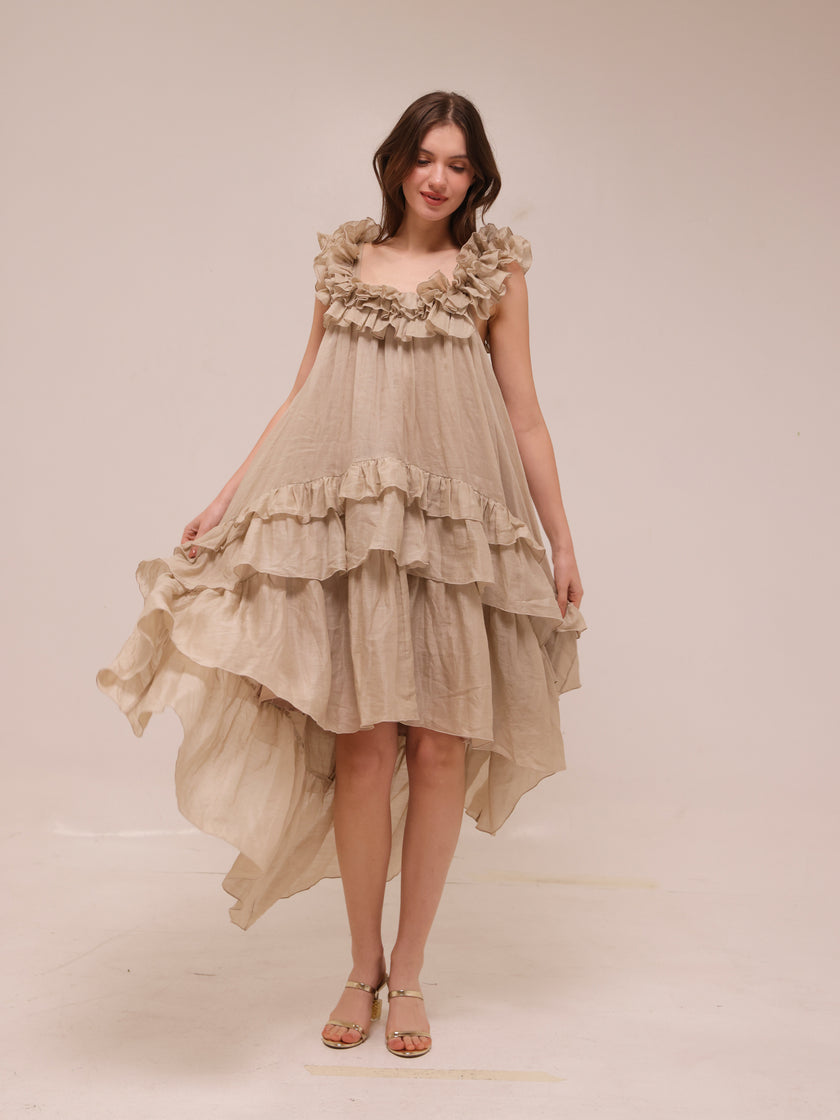 Sleeveless Tiered Ruffle Midi Dress in Natural