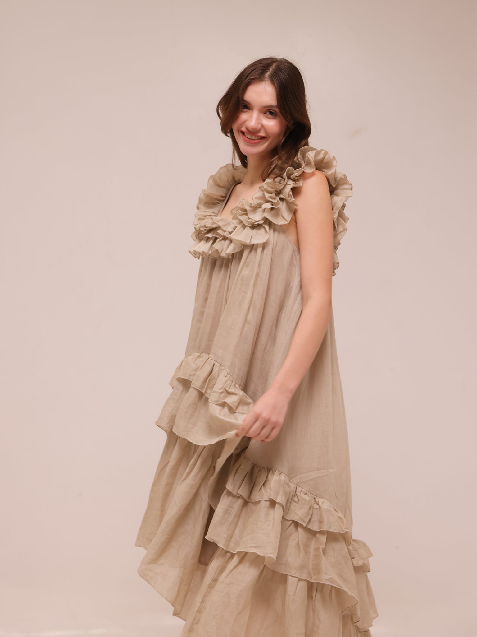 Sleeveless Tiered Ruffle Midi Dress in Natural