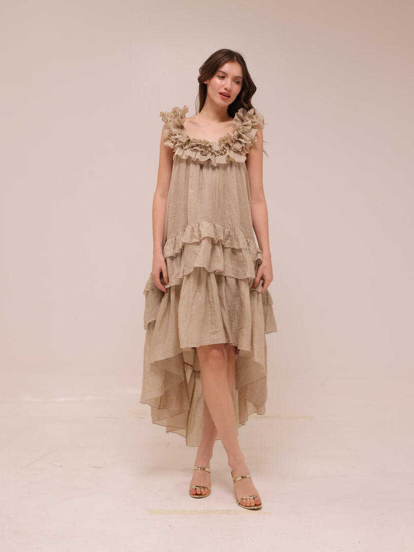 Sleeveless Tiered Ruffle Midi Dress in Natural
