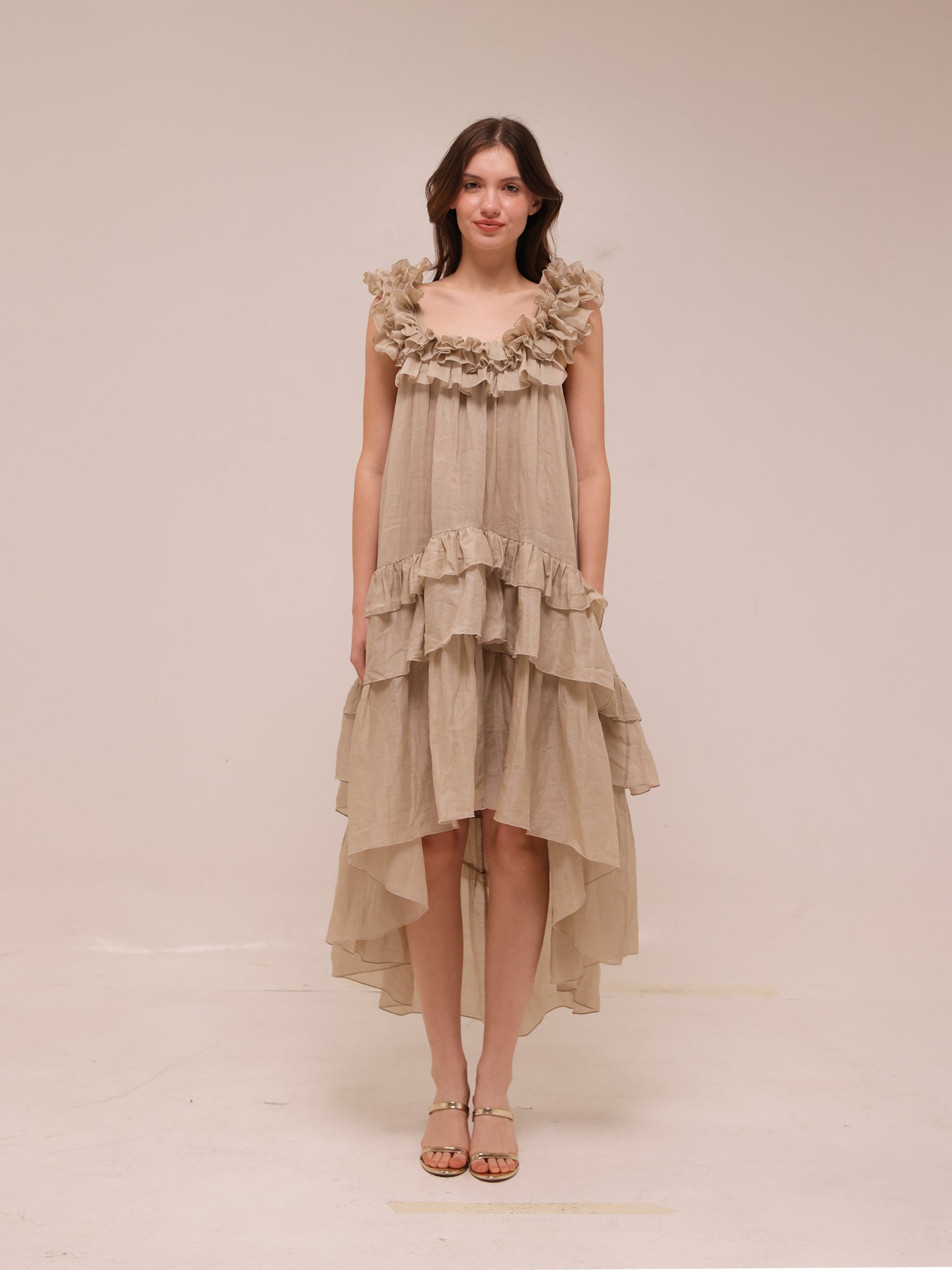 Sleeveless Tiered Ruffle Midi Dress in Natural