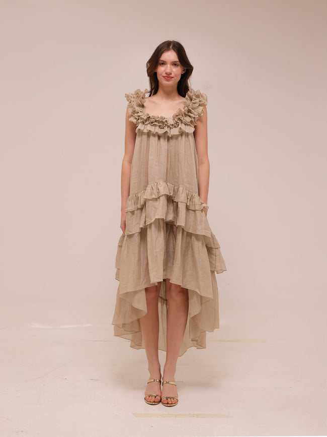 Sleeveless Tiered Ruffle Midi Dress in Natural