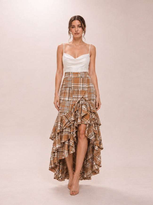 Plaid Ruffle Midi Skirt in Tan