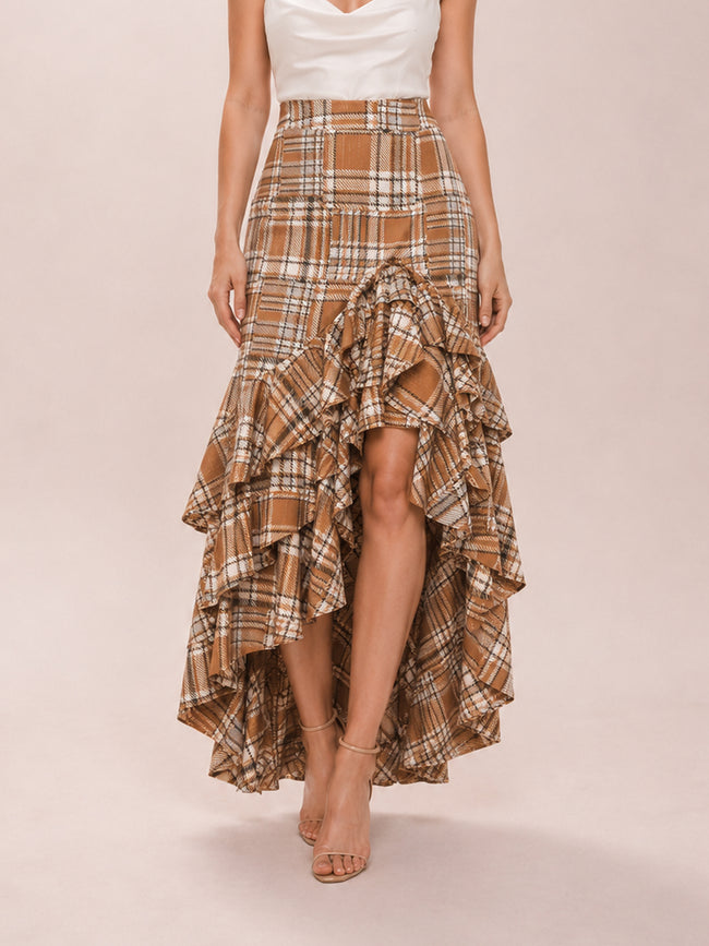 Plaid Ruffle Midi Skirt in Tan