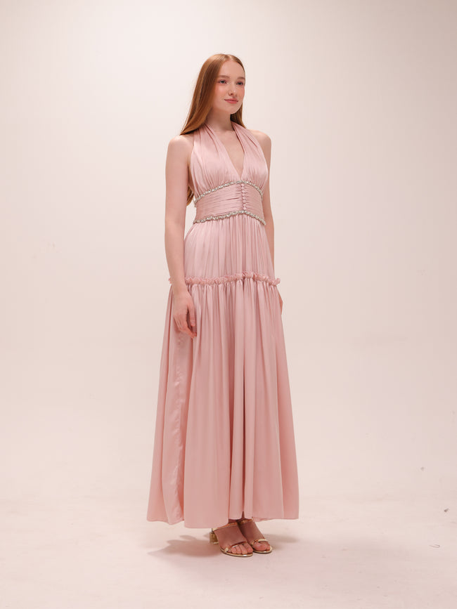 Draped Halter Maxi Dress in Pink