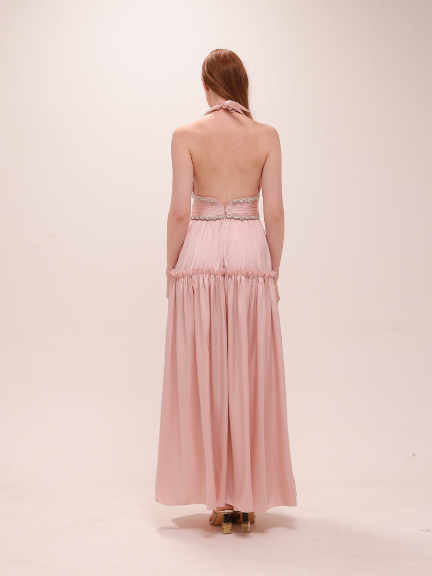 Draped Halter Maxi Dress in Pink