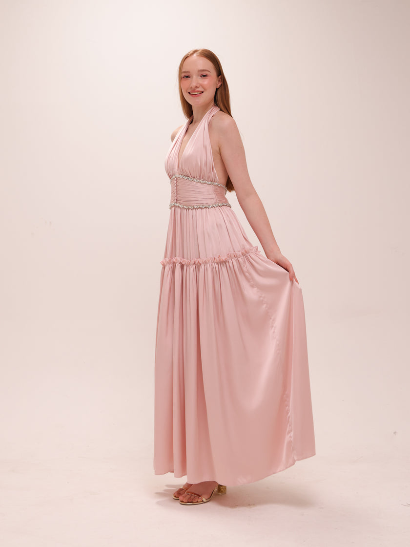 Draped Halter Maxi Dress in Pink