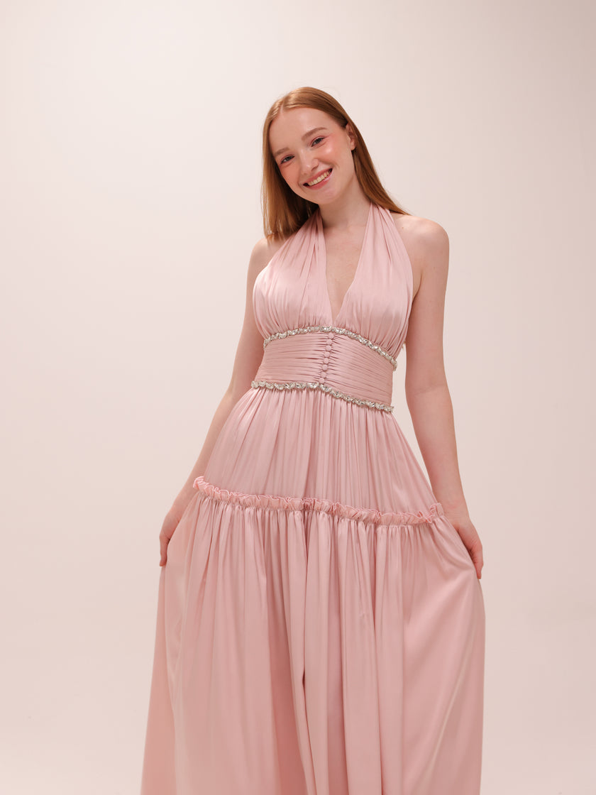 Draped Halter Maxi Dress in Pink