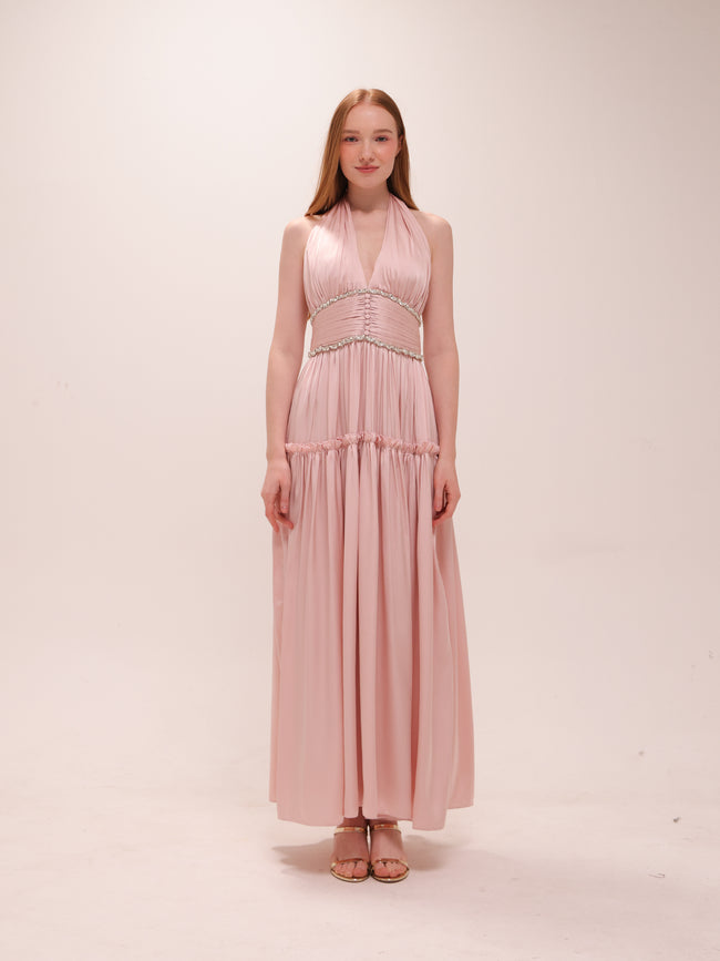 Draped Halter Maxi Dress in Pink