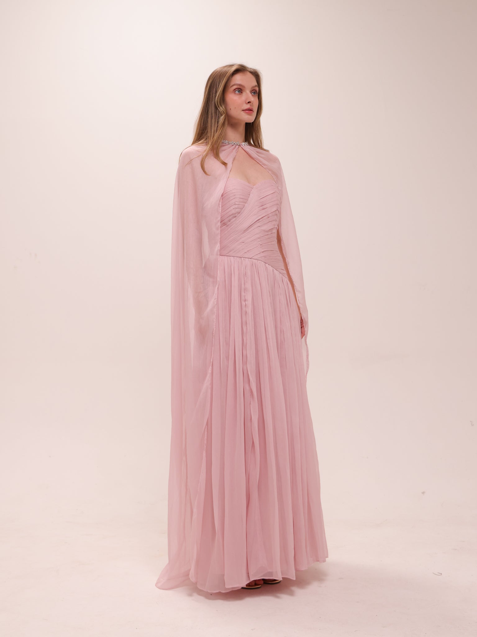 Pleated Chiffon Cape Gown in Pink