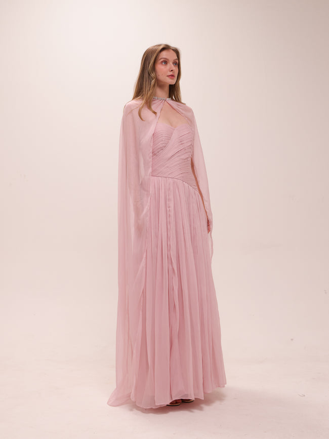 Pleated Chiffon Cape Gown in Pink