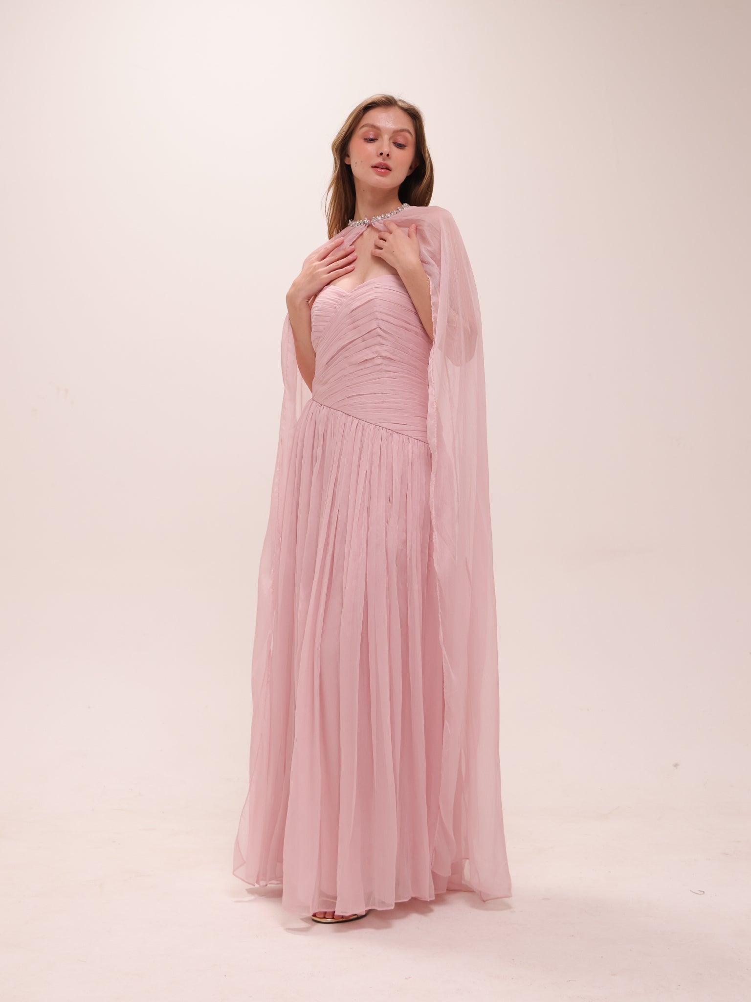 Pleated Chiffon Cape Gown in Pink