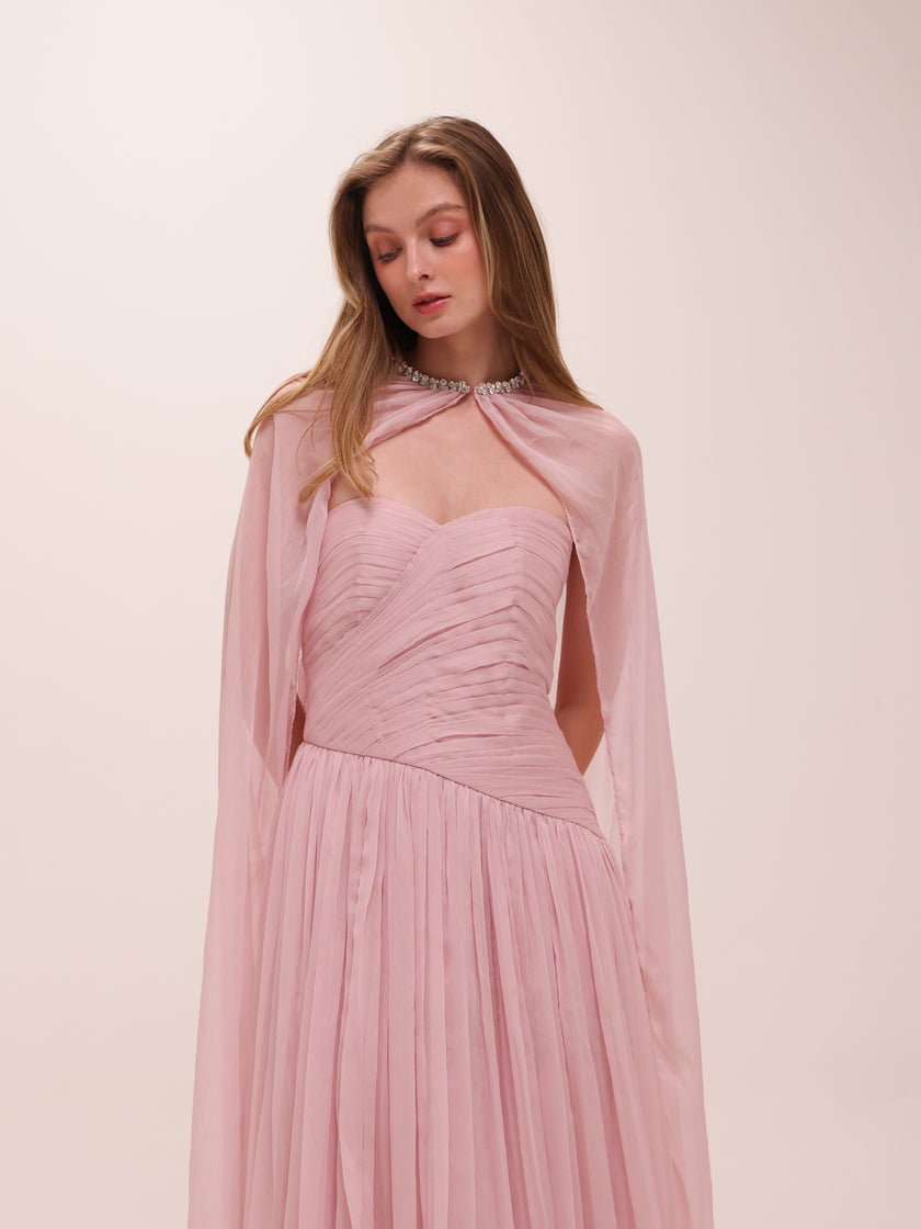 Pleated Chiffon Cape Gown in Pink