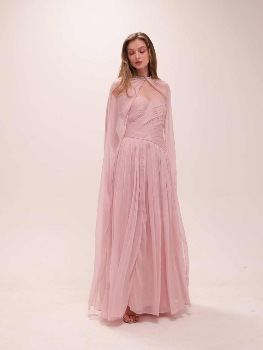 Pleated Chiffon Cape Gown in Pink