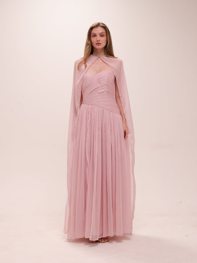 Pleated Chiffon Cape Gown in Pink