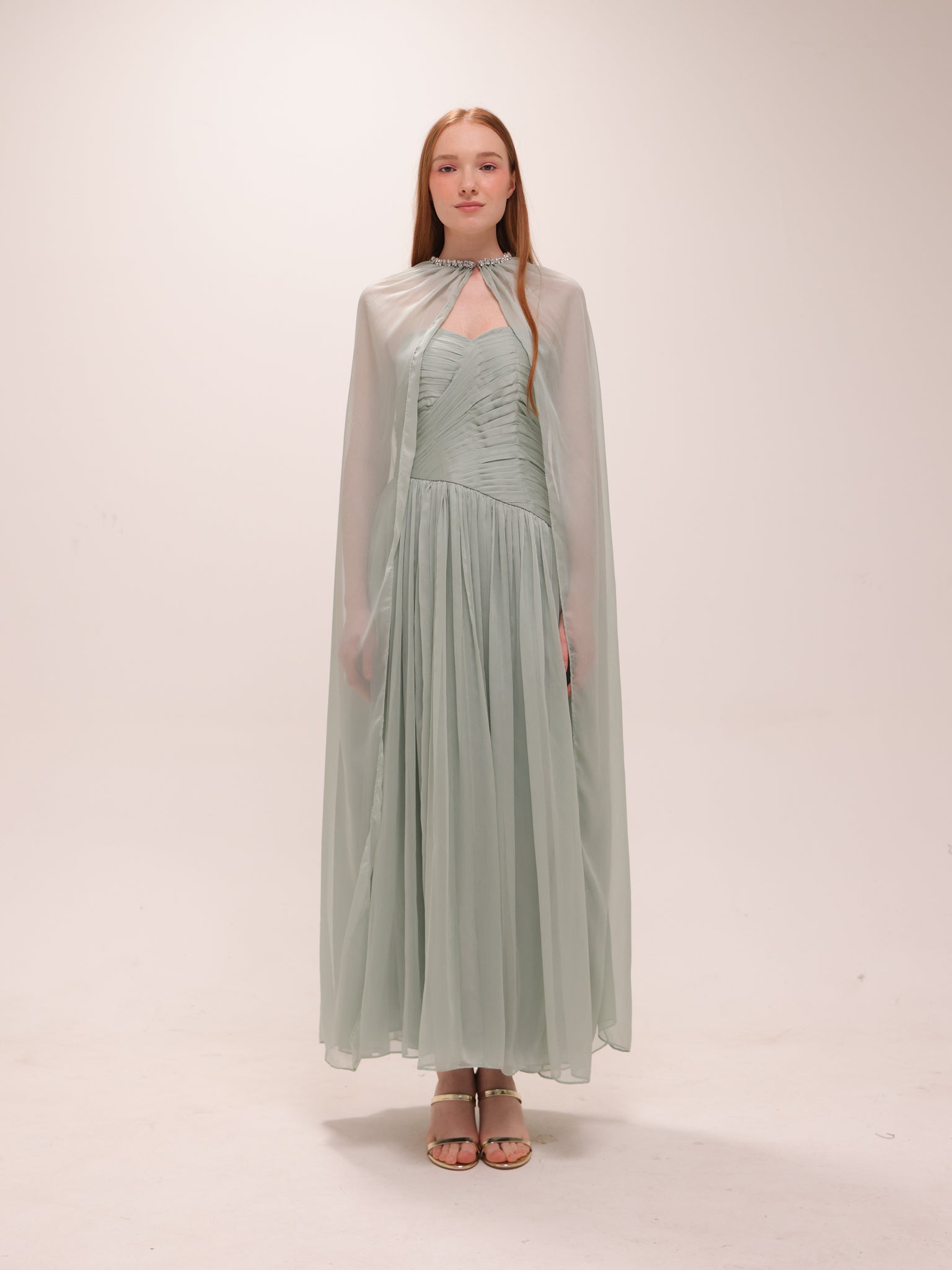 Pleated Chiffon Cape Gown in Sage Green