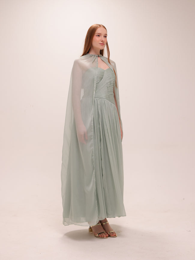 Pleated Chiffon Cape Gown in Sage Green