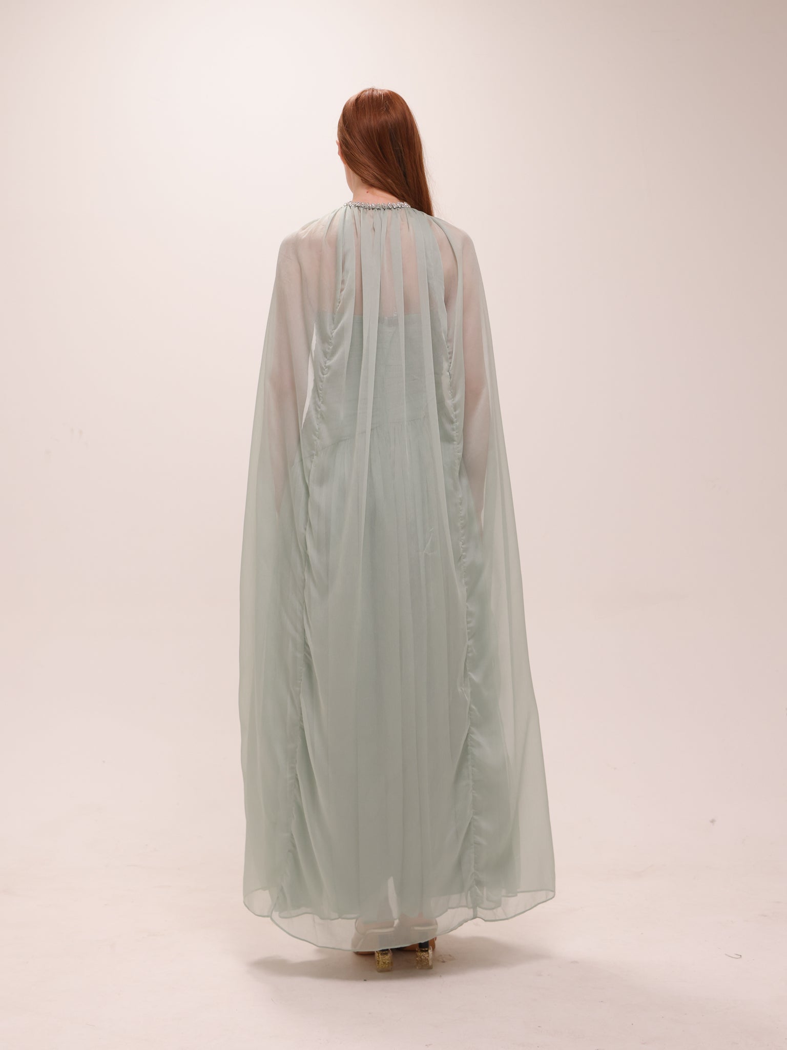 Pleated Chiffon Cape Gown in Sage Green