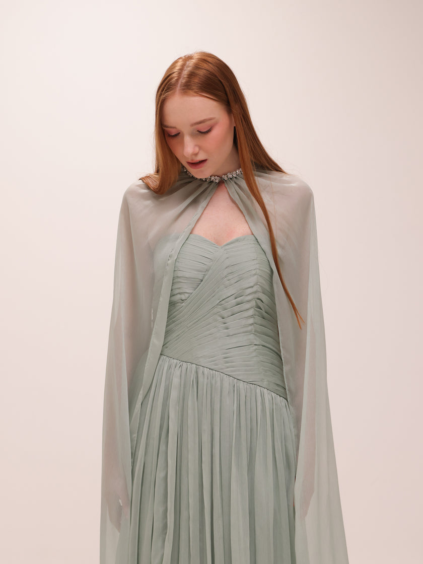 Pleated Chiffon Cape Gown in Sage Green