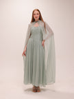 Pleated Chiffon Cape Gown in Sage Green