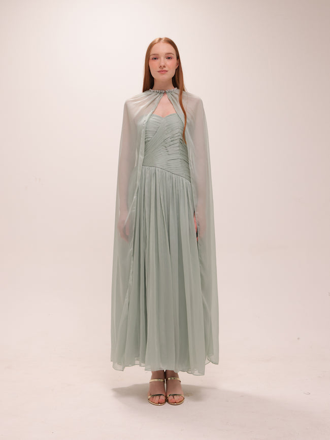 Pleated Chiffon Cape Gown in Sage Green