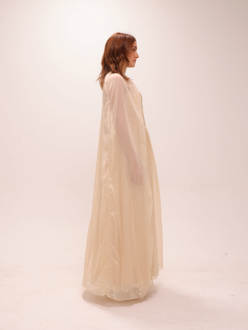Pleated Chiffon Cape Gown in Yellow