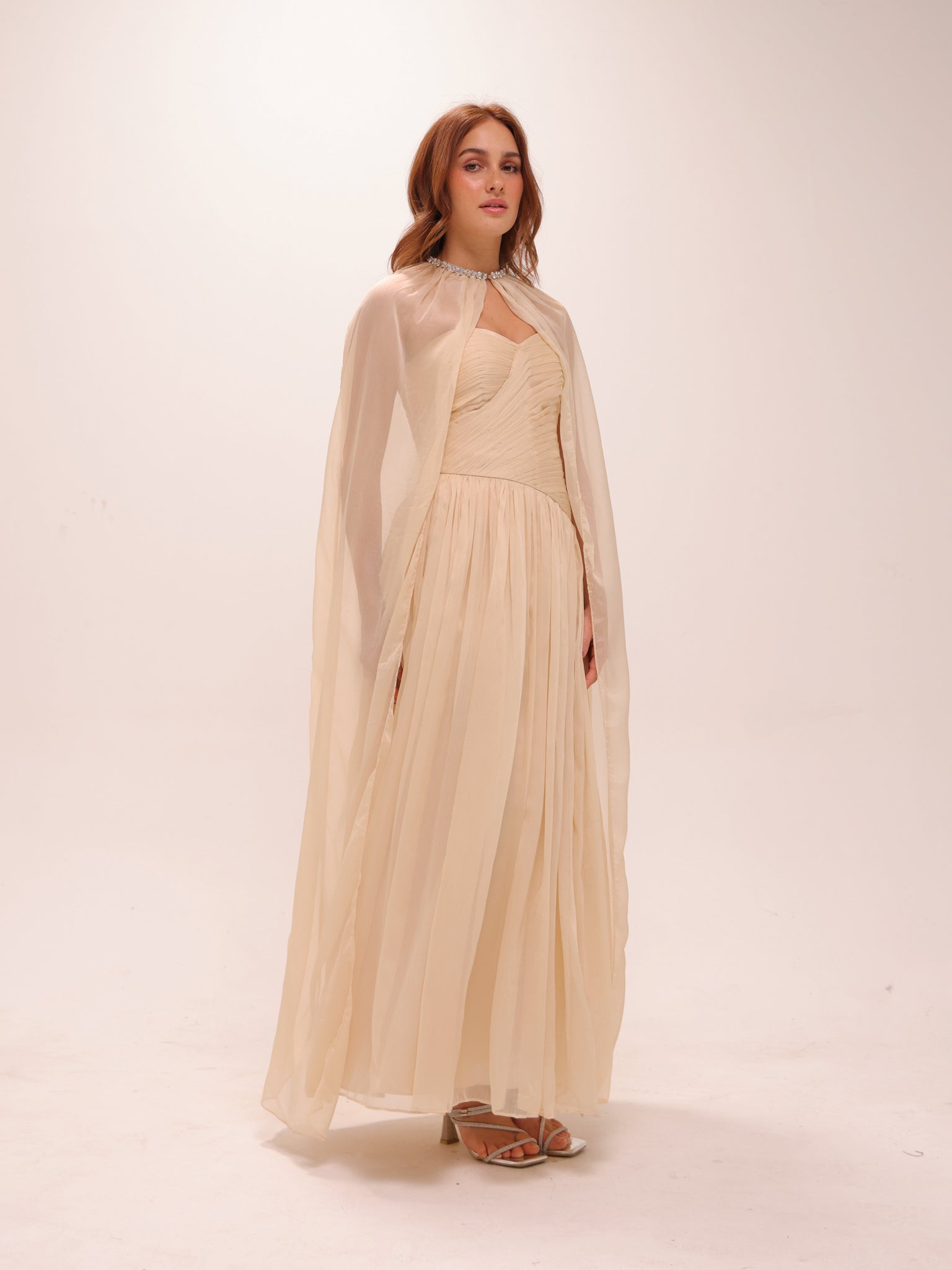 Pleated Chiffon Cape Gown in Yellow