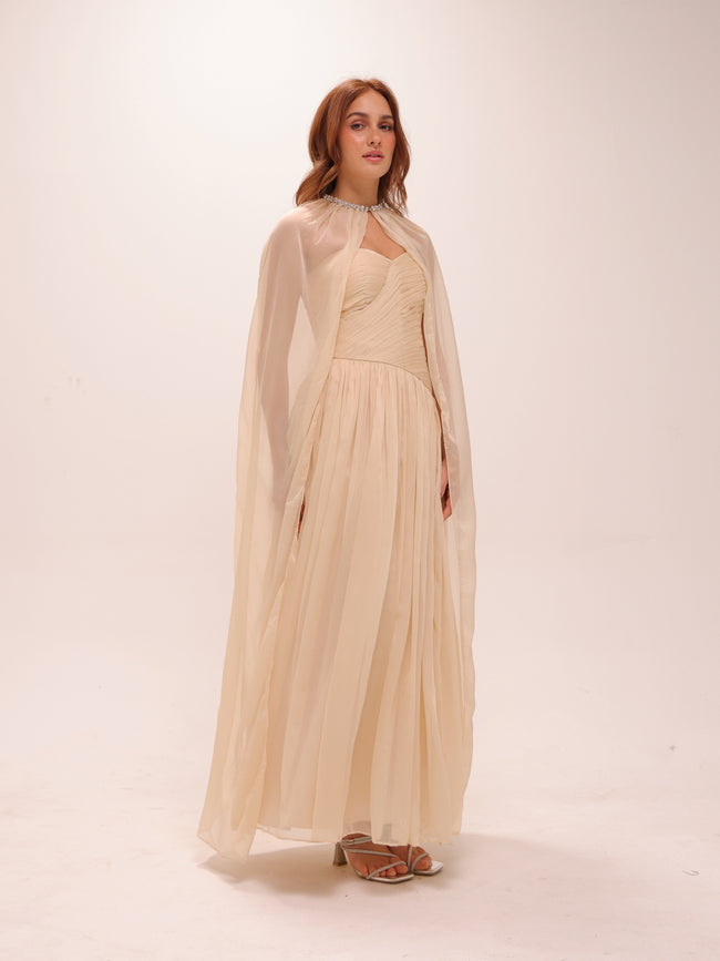 Pleated Chiffon Cape Gown in Yellow