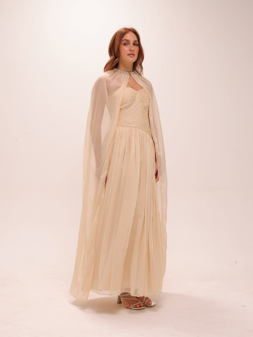 Pleated Chiffon Cape Gown in Yellow