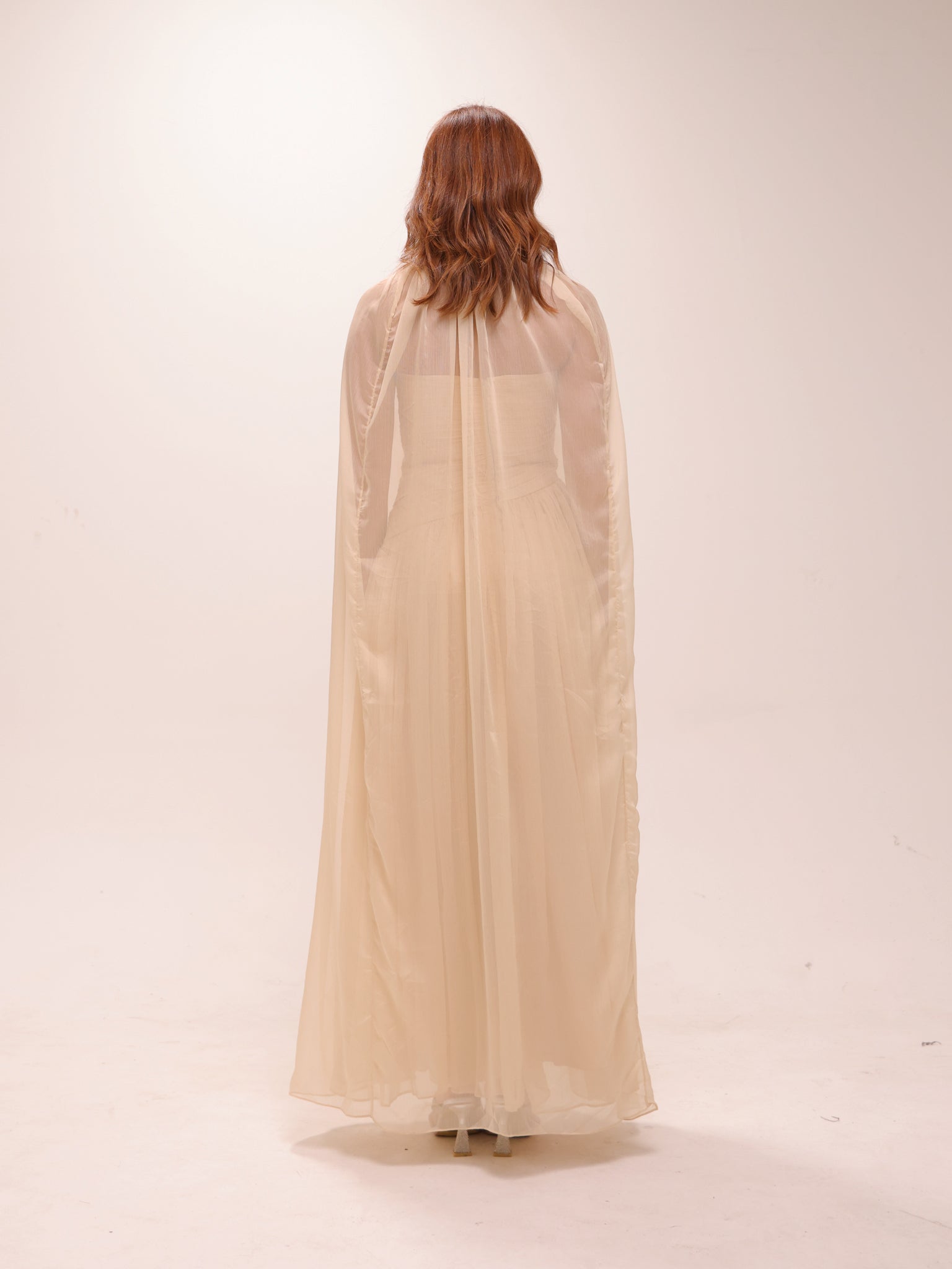 Pleated Chiffon Cape Gown in Yellow