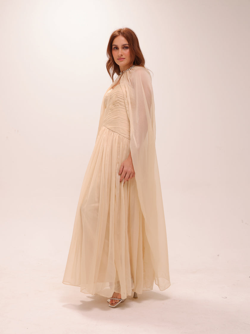 Pleated Chiffon Cape Gown in Yellow