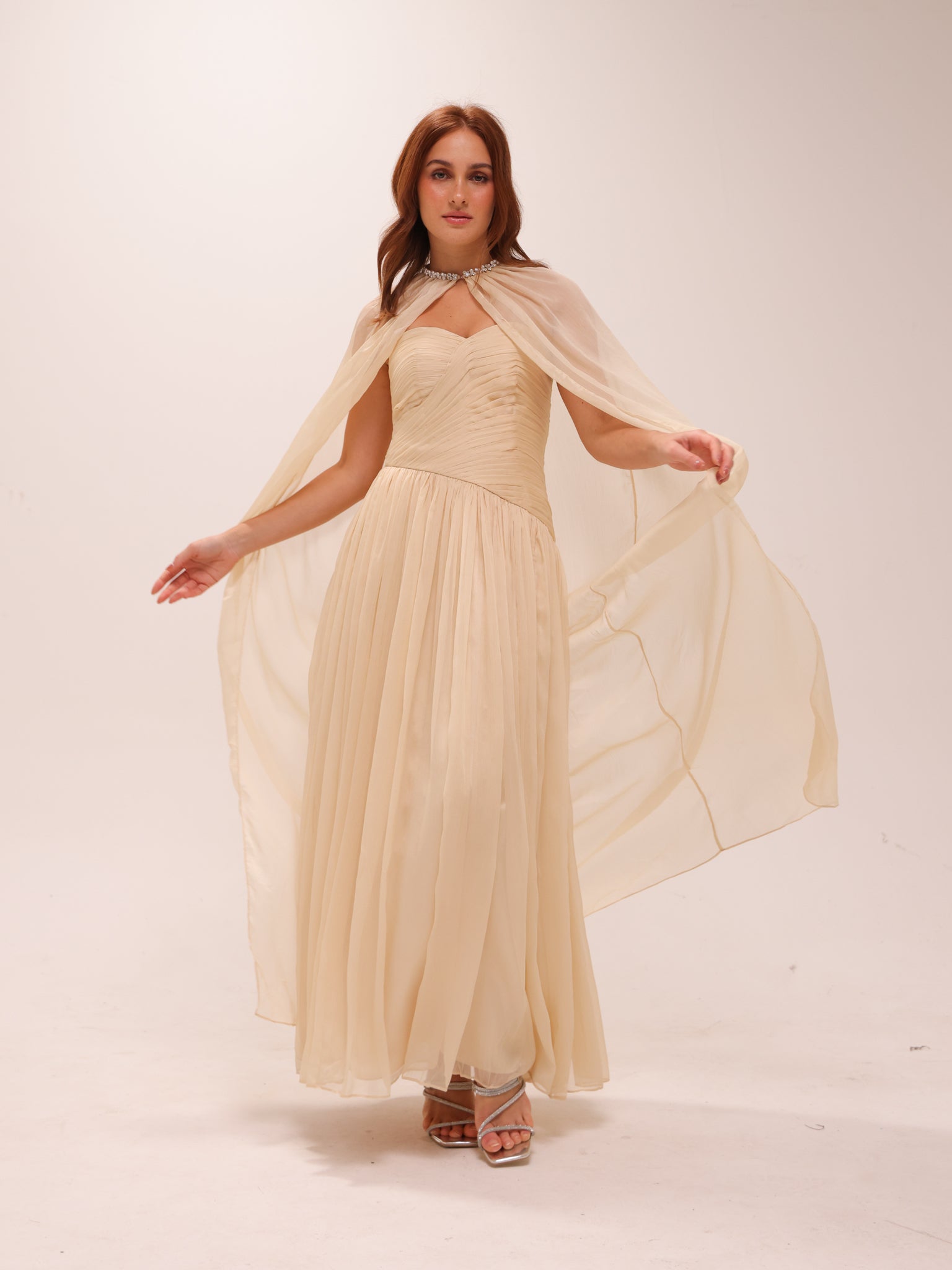 Pleated Chiffon Cape Gown in Yellow