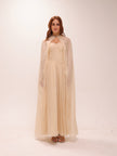 Pleated Chiffon Cape Gown in Yellow
