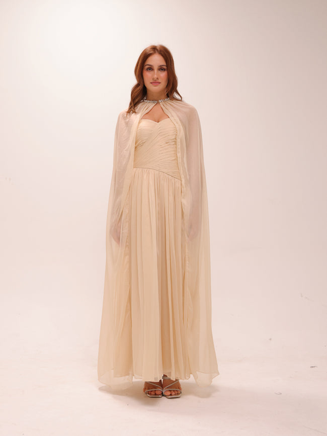 Pleated Chiffon Cape Gown in Yellow