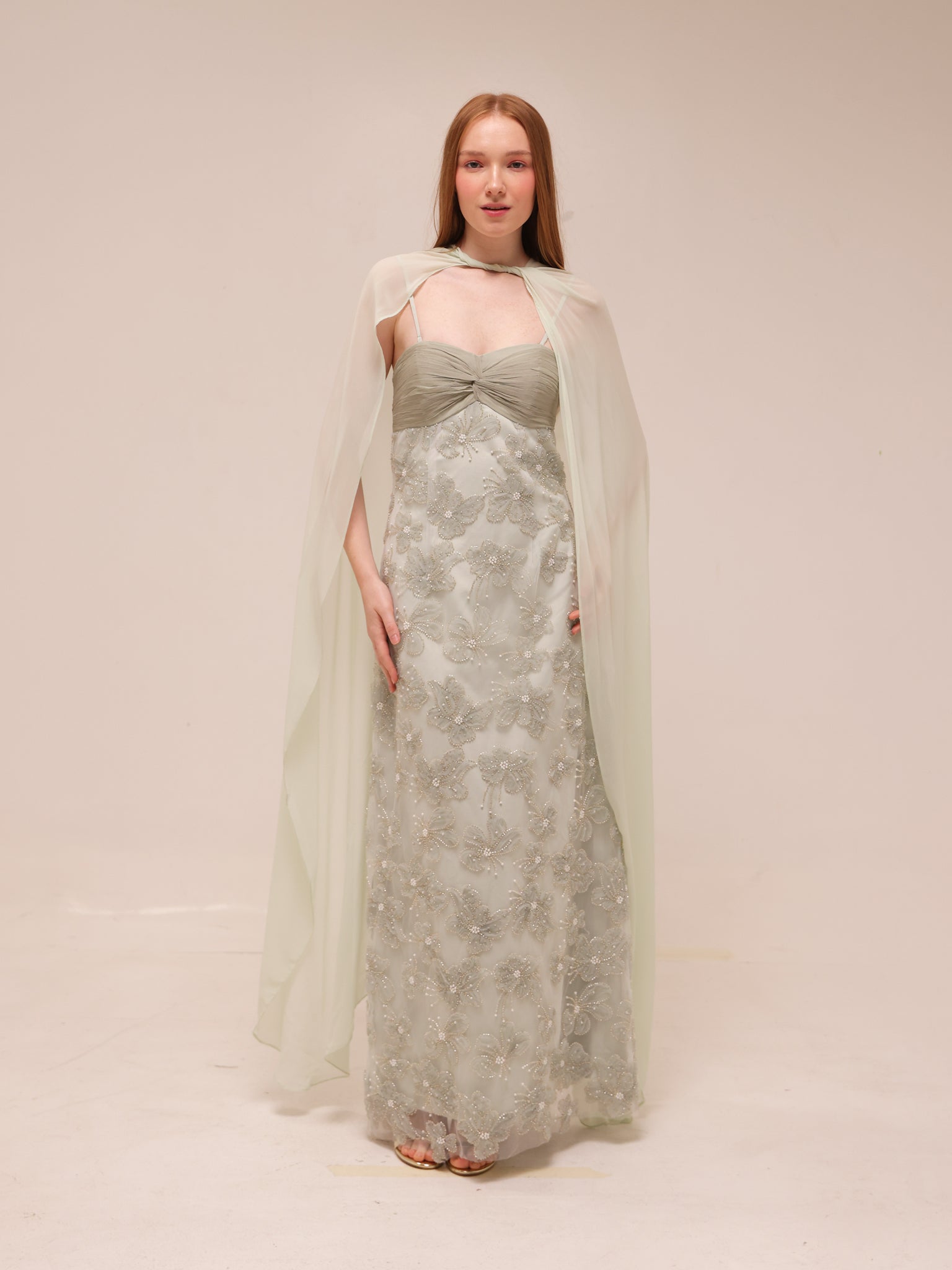 Embellished Floral Cape Gown