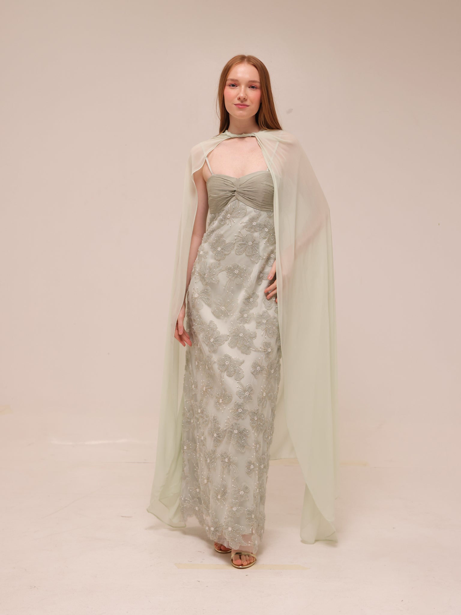 Embellished Floral Cape Gown