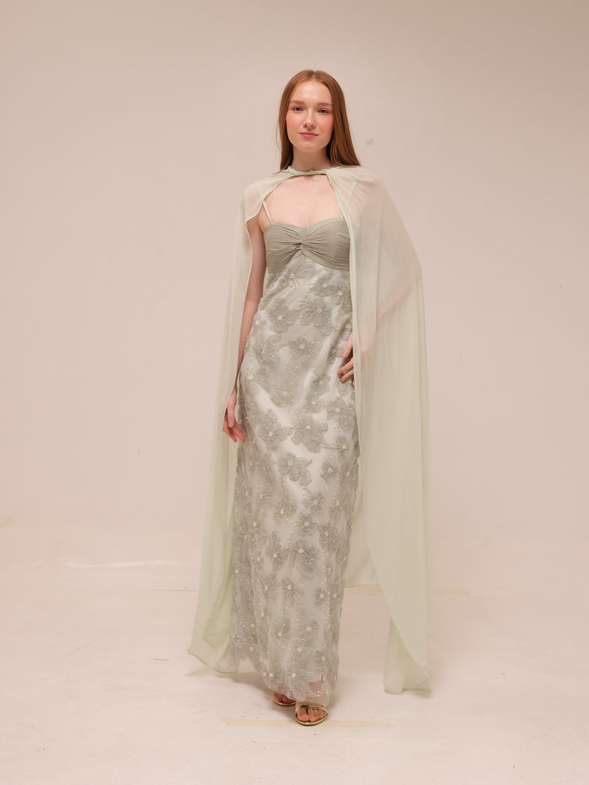 Embellished Floral Cape Gown
